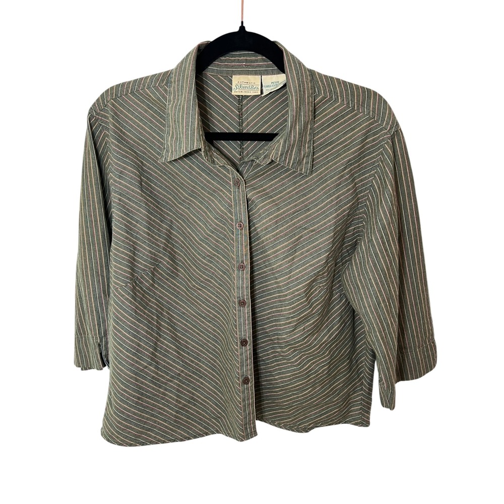St Johns Bay Striped Cotton Shirt Green Button Up Chevron Granola Girl Petite XL